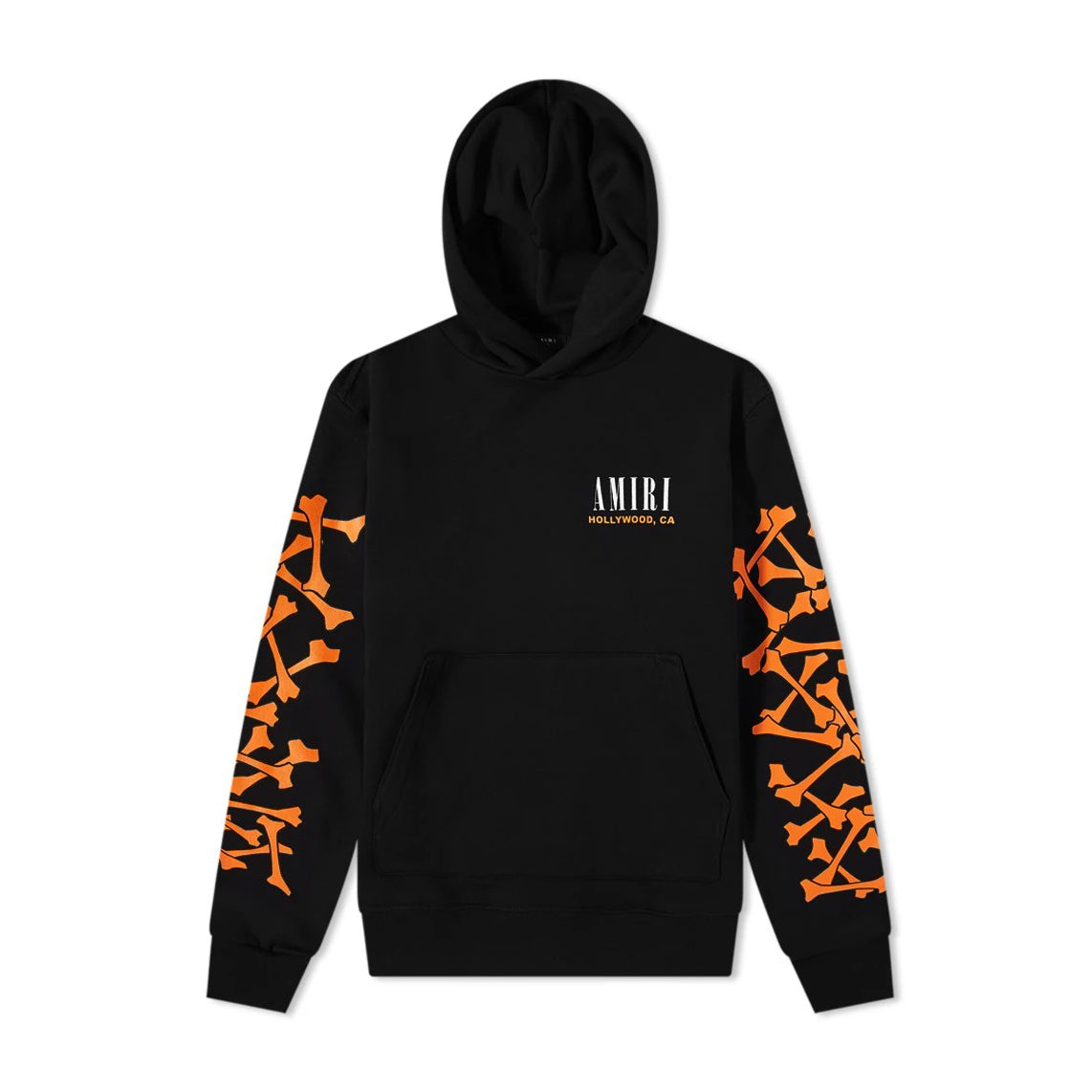 Amiri black sweatshirt featuring a striking orange bones print on the sleeves. This premium designer piece is crafted from high-quality cotton, ensuring comfort and durability. The hoodie design includes a classic fit with long sleeves and a straight hem, making it perfect for casual outings or streetwear style. Ideal for fashion-forward individuals seeking luxury and unique style, available at Lestyle Boutique Melbourne.