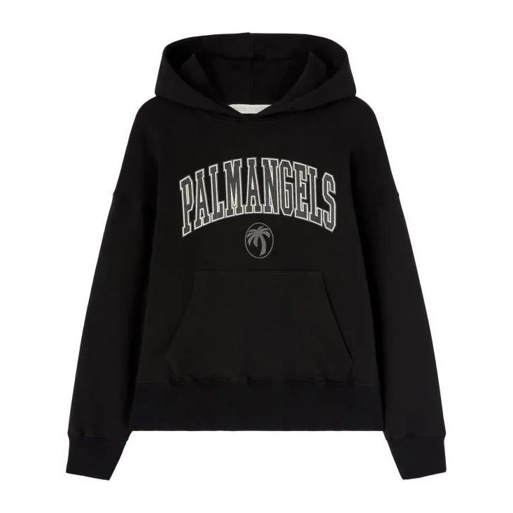 Palm Angels black and ivory women’s hoodie with bold logo detailing and kangaroo pocket, available at Lestyle Boutique.