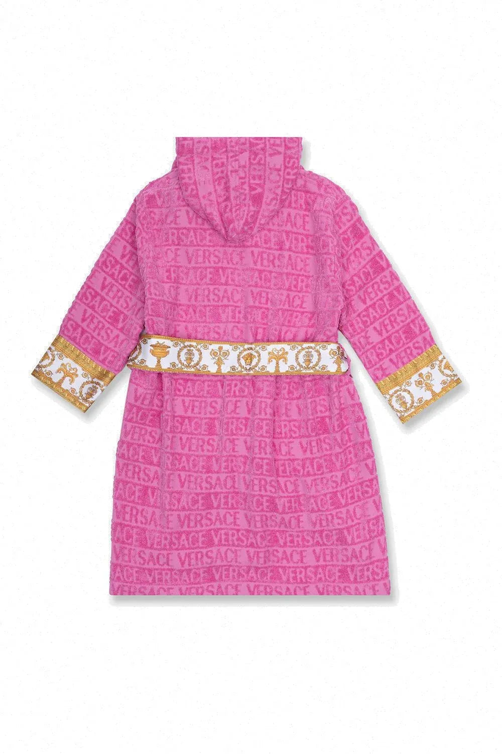 Versace Kids Belted Logo Monogram Hooded Robe in pink with gold baroque detailing, featuring an all-over Versace monogram print, a hooded design, and a belted waist, available at Lestyle Boutique.