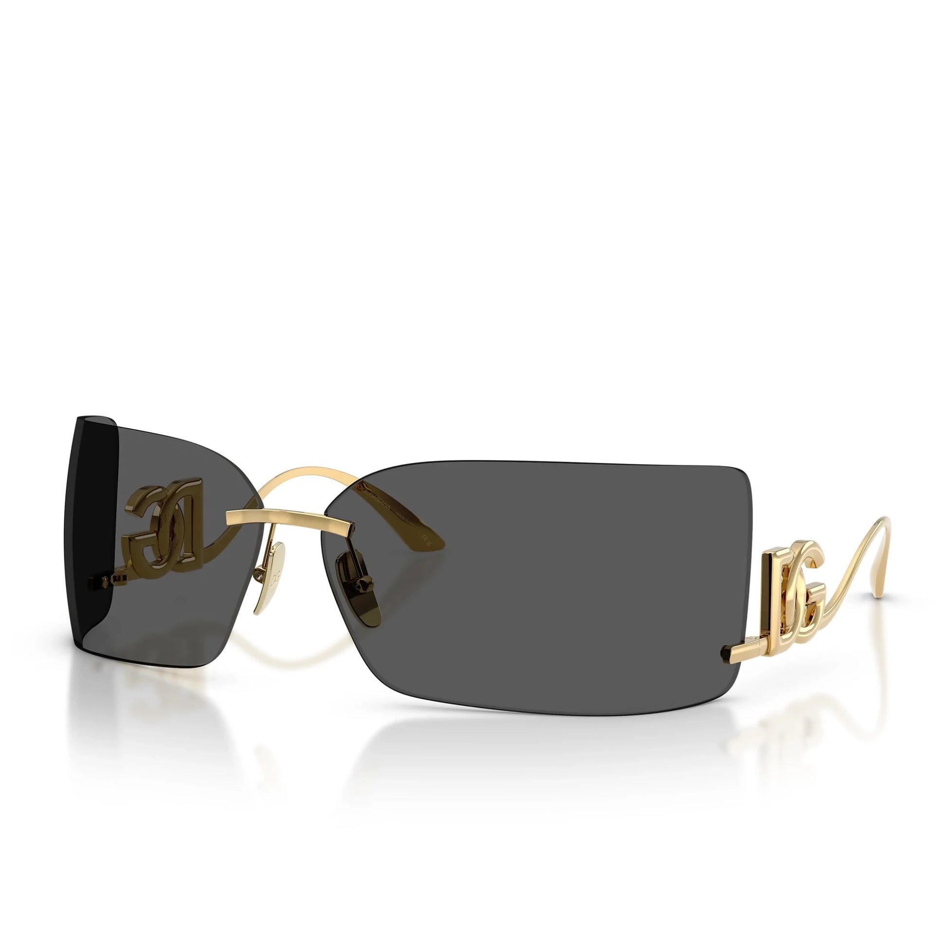 Dolce & Gabbana gold statement sunglasses with dark grey lenses and rectangle frame, available at Lestyle Boutique at 136 Little Collins Street, Melbourne.