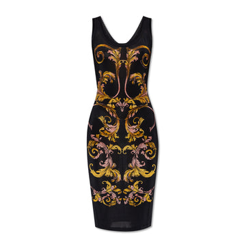 Versace Jeans Couture Black Dress featuring the Outline Barocco print in vibrant hues, designed with a fitted silhouette and elegant neckline, available at Lestyle Boutique.