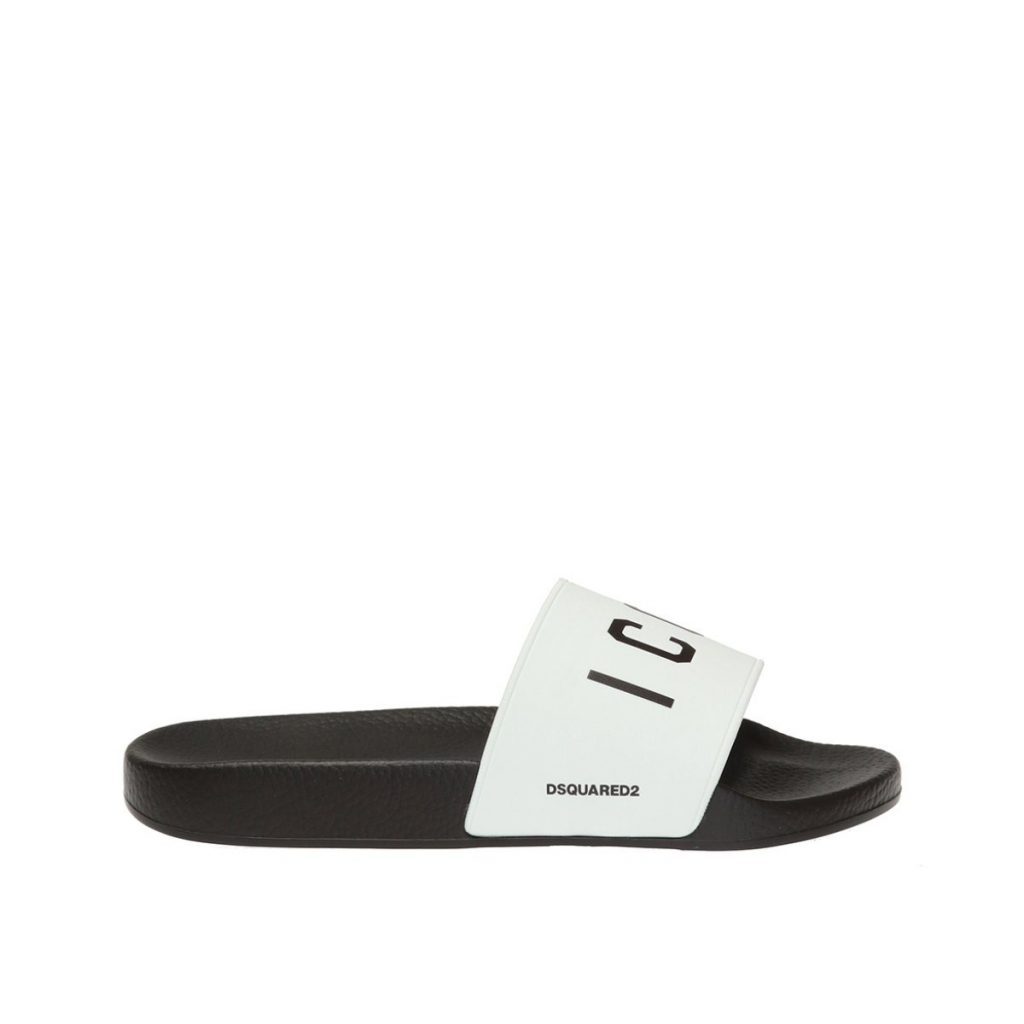 DSQUARED2 slides with white logo strap featuring black lettering, available at Lestyle Boutique Melbourne