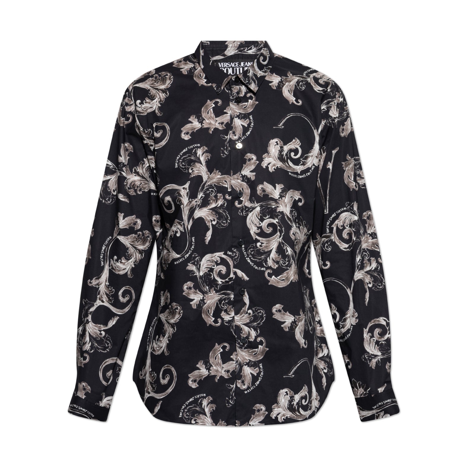 Versace Jeans Couture Black Shirt featuring an elegant Barocco pattern in white and grey on a black background, perfect for a luxurious and modern look. Available now at Lestyle Boutique.