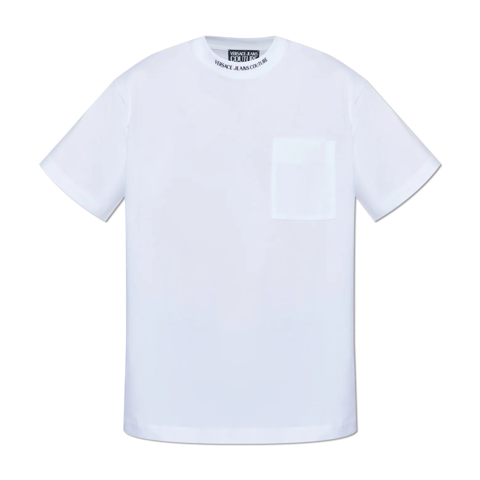 Versace Jeans Couture White Logo Collar T-Shirt, featuring a crewneck with subtle branding and a clean, minimalist chest pocket, crafted for everyday luxury, available at Lestyle Boutique.