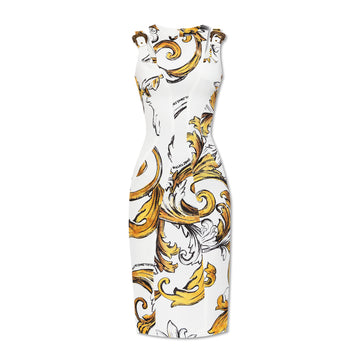 Versace Jeans Couture White Dress with Outline Barocco Print, featuring bold patterns and gold accents, available at Lestyle Boutique.