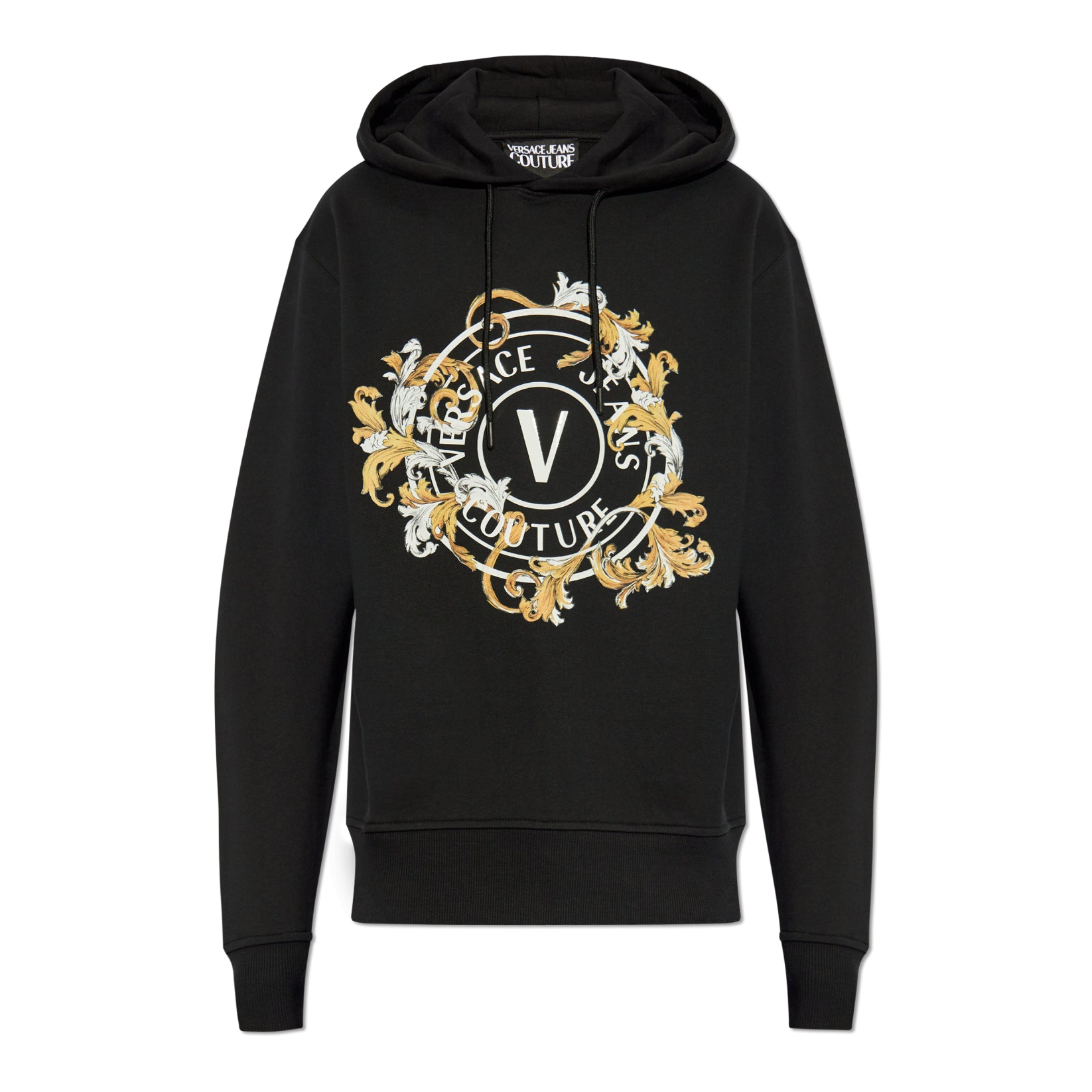 Versace Jeans Couture Black Hoodie featuring a Barocco-inspired "V" logo and crafted from premium cotton, perfect for an elegant yet casual look. Available now at Lestyle Boutique.