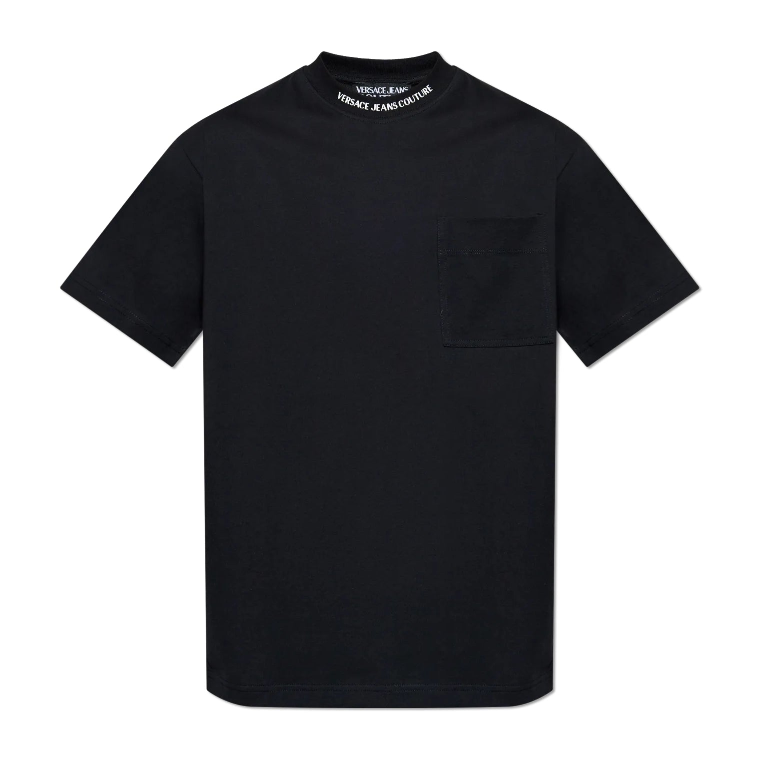 Versace Jeans Couture Black Logo Collar T-Shirt, featuring a ribbed crewneck with signature branding and a minimalist chest pocket, crafted for everyday sophistication, available at Lestyle Boutique.