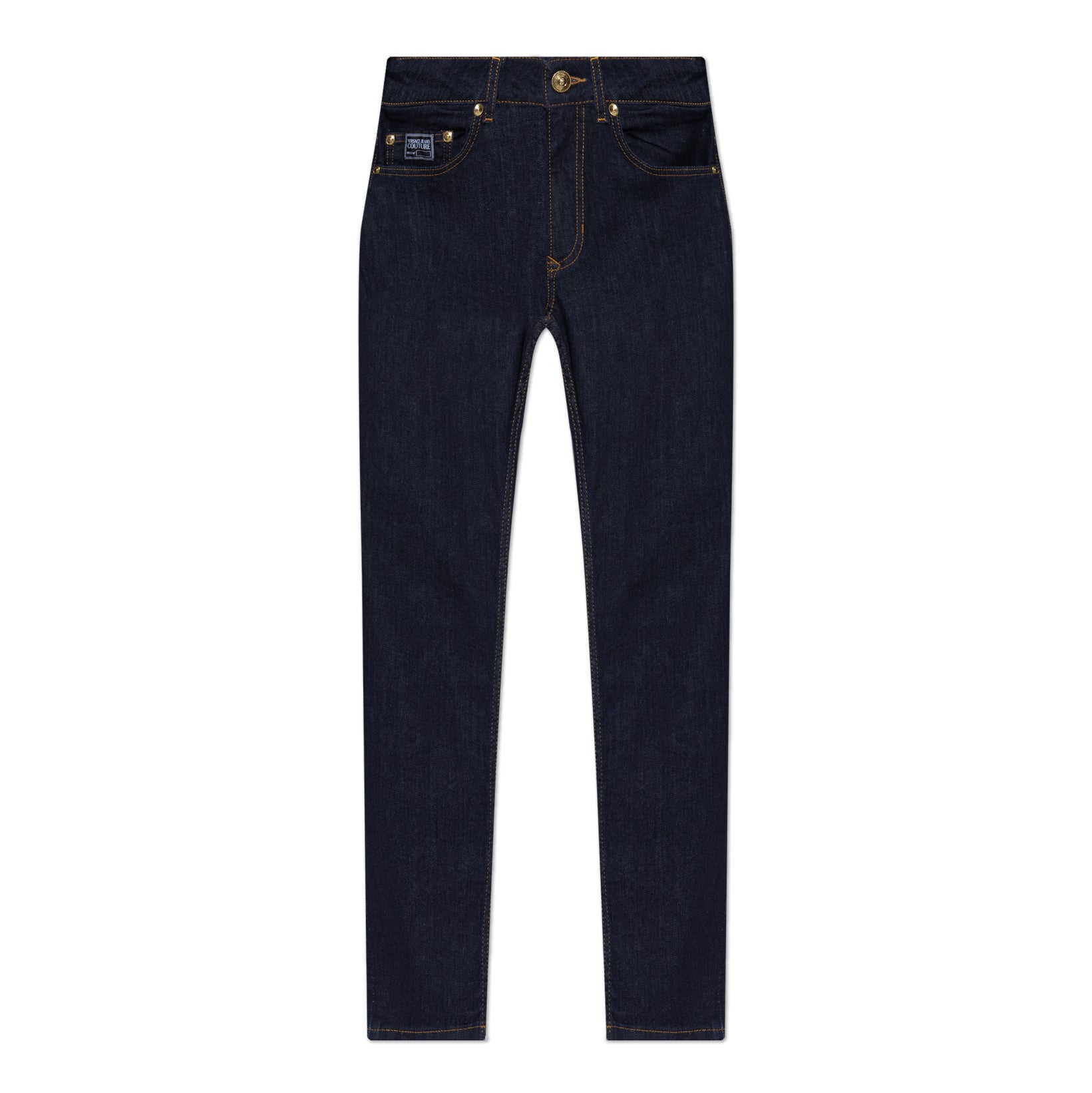 Versace Jeans Couture Navy Blue Skinny Jeans featuring contrast stitching, a signature logo patch, and a slim-fit silhouette. Crafted from premium stretch denim for all-day comfort, available at Lestyle Boutique.