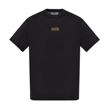 Versace Jeans Couture Metal Logo Plaque T-Shirt in black, featuring a crewneck design and signature metal logo plaque detail, combining comfort with designer aesthetics, available at Lestyle Boutique.