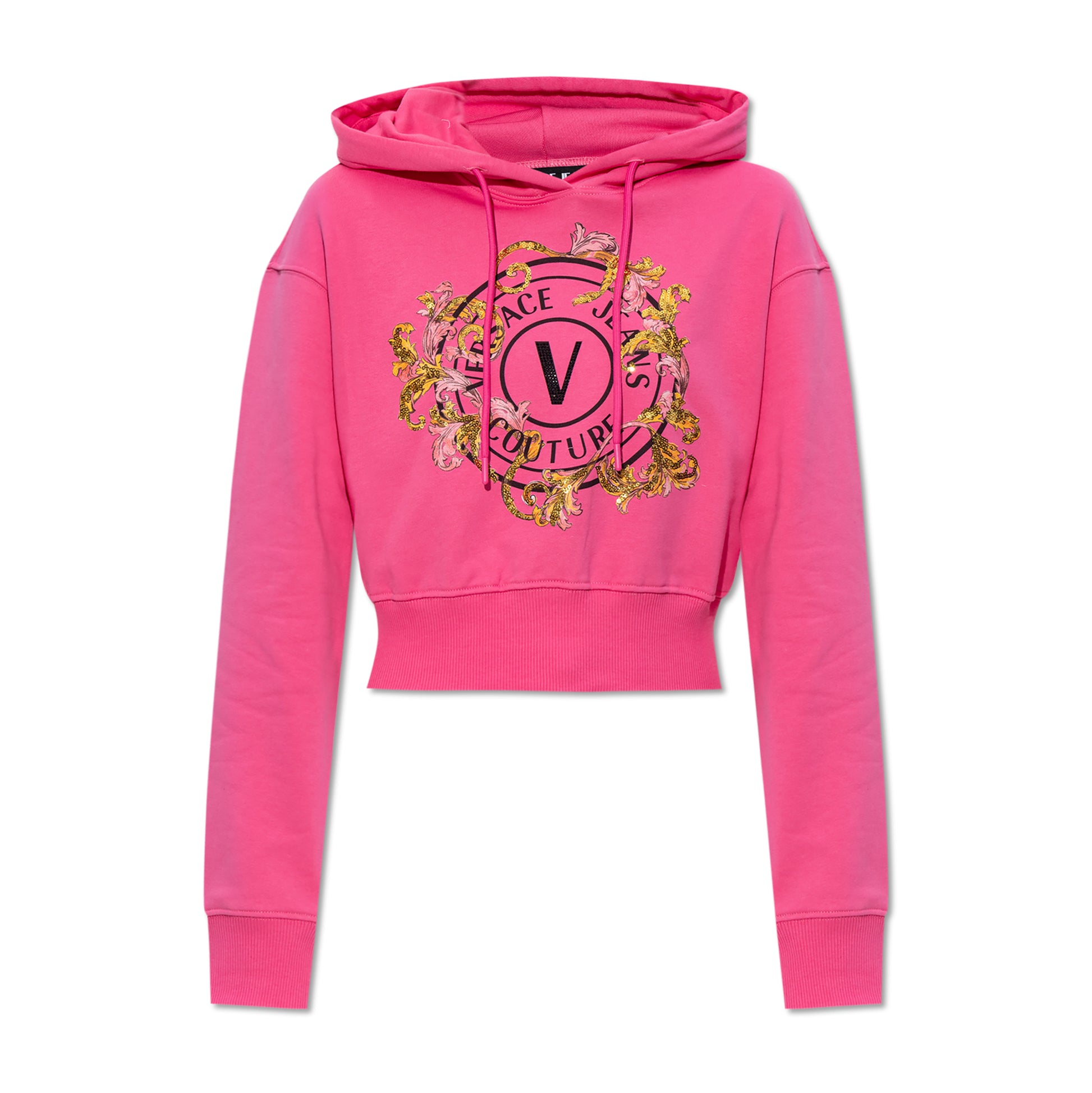 Versace Jeans Couture Pink Sweatshirt featuring a bold "V" logo print with gold sequins and floral details, available at Lestyle Boutique.