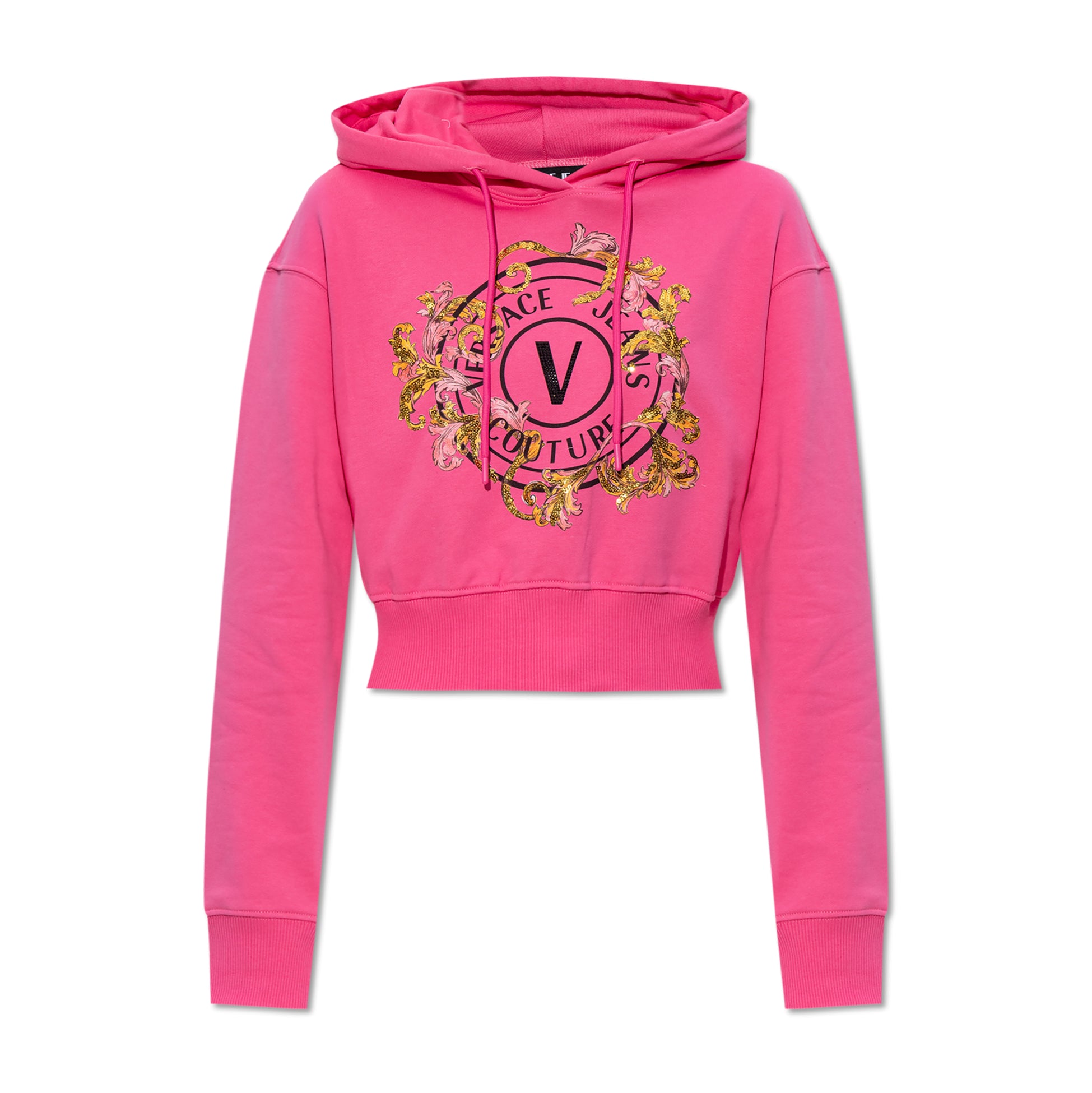 Versace Jeans Couture Pink Sweatshirt featuring a bold "V" logo print with gold sequins and floral details, available at Lestyle Boutique.