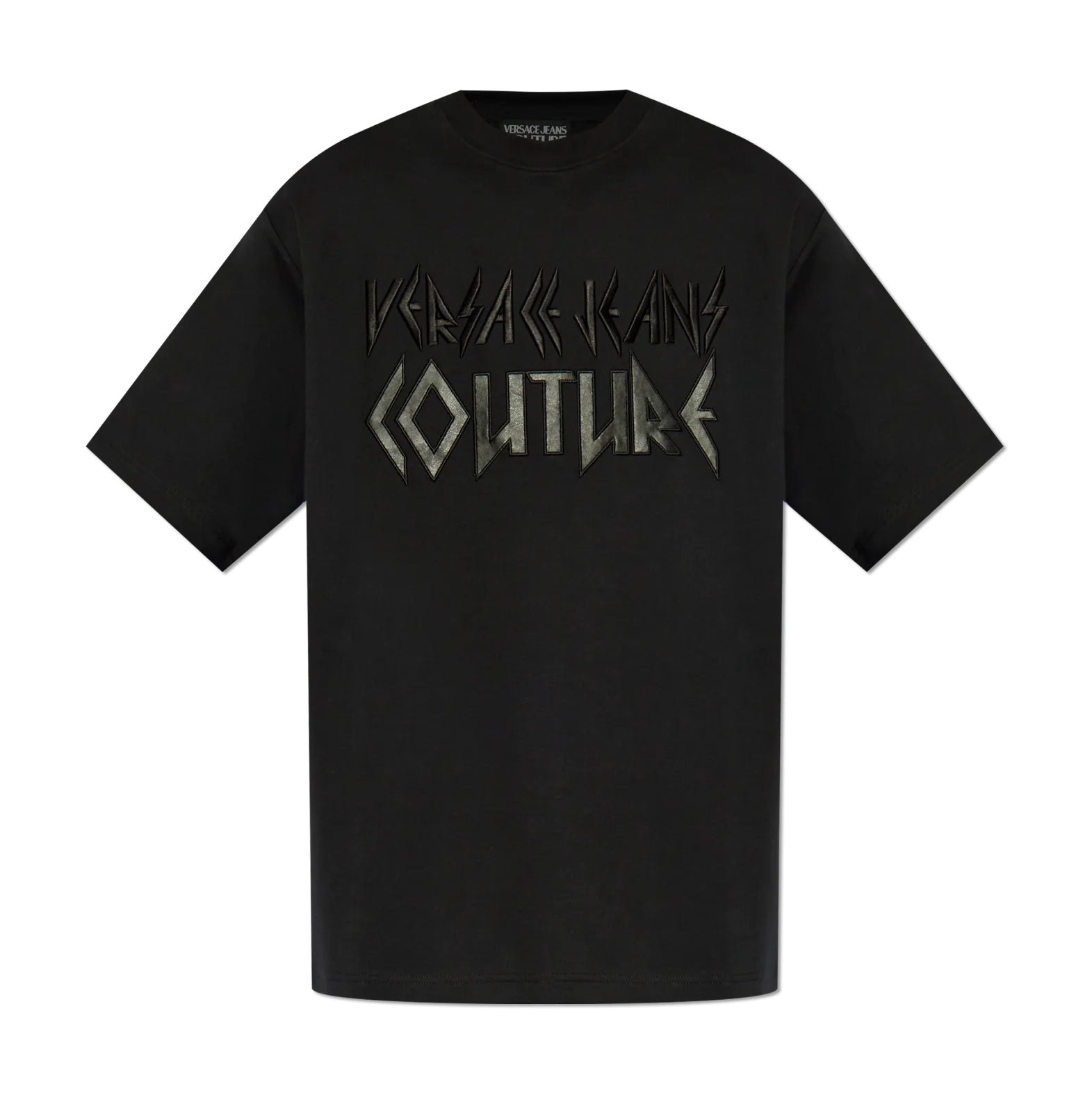 Versace Jeans Couture black T-shirt featuring an embroidered metallic logo, short sleeves, and a classic crew neck, available at Lestyle Boutique.