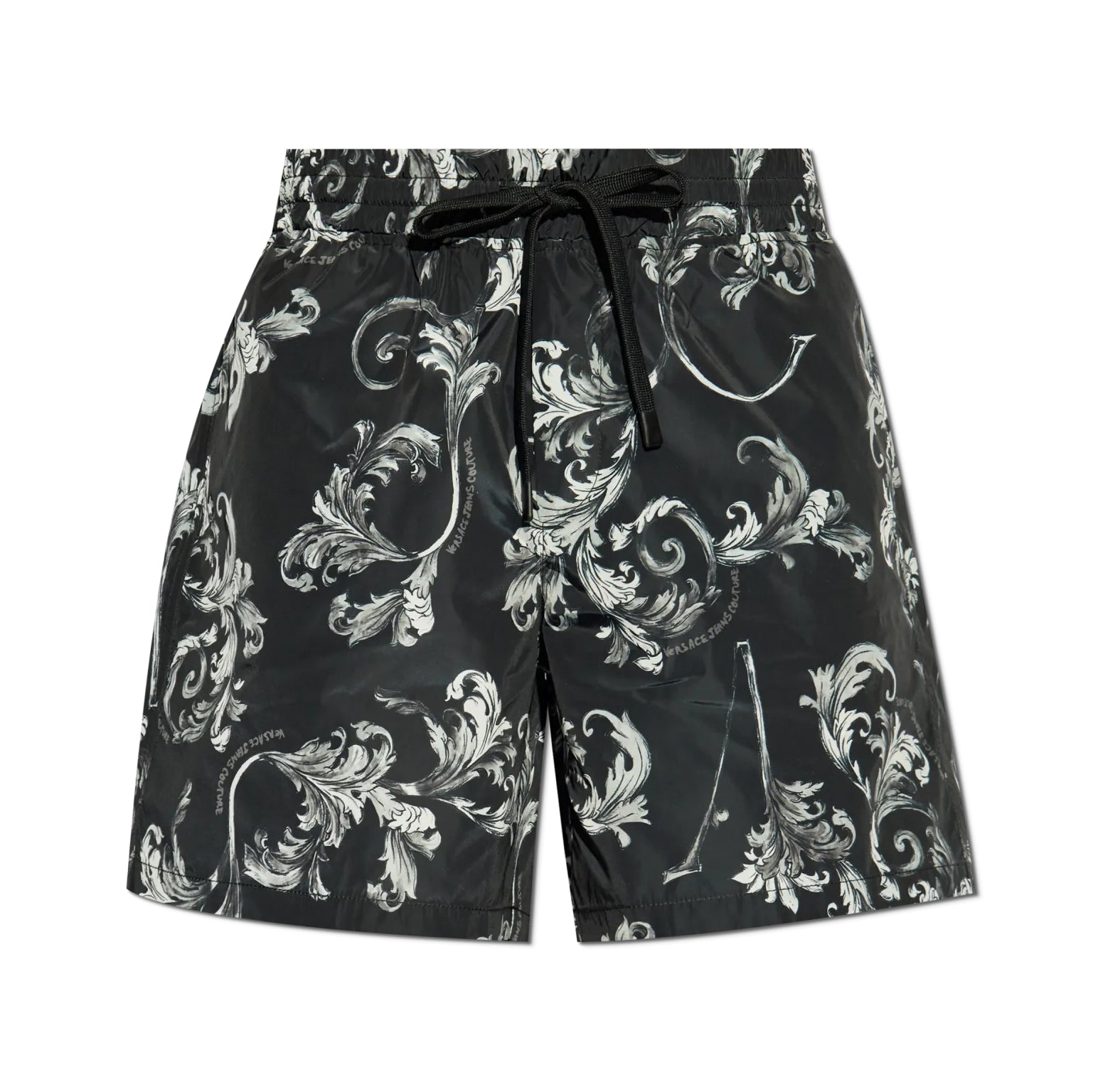 Versace Jeans Couture Logo Shorts in black, featuring an all-over Barocco-inspired print, elastic waistband, and lightweight fabric for maximum comfort and style, available at Lestyle Boutique.
