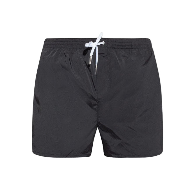 Black shorts with a white drawstring on a white background
