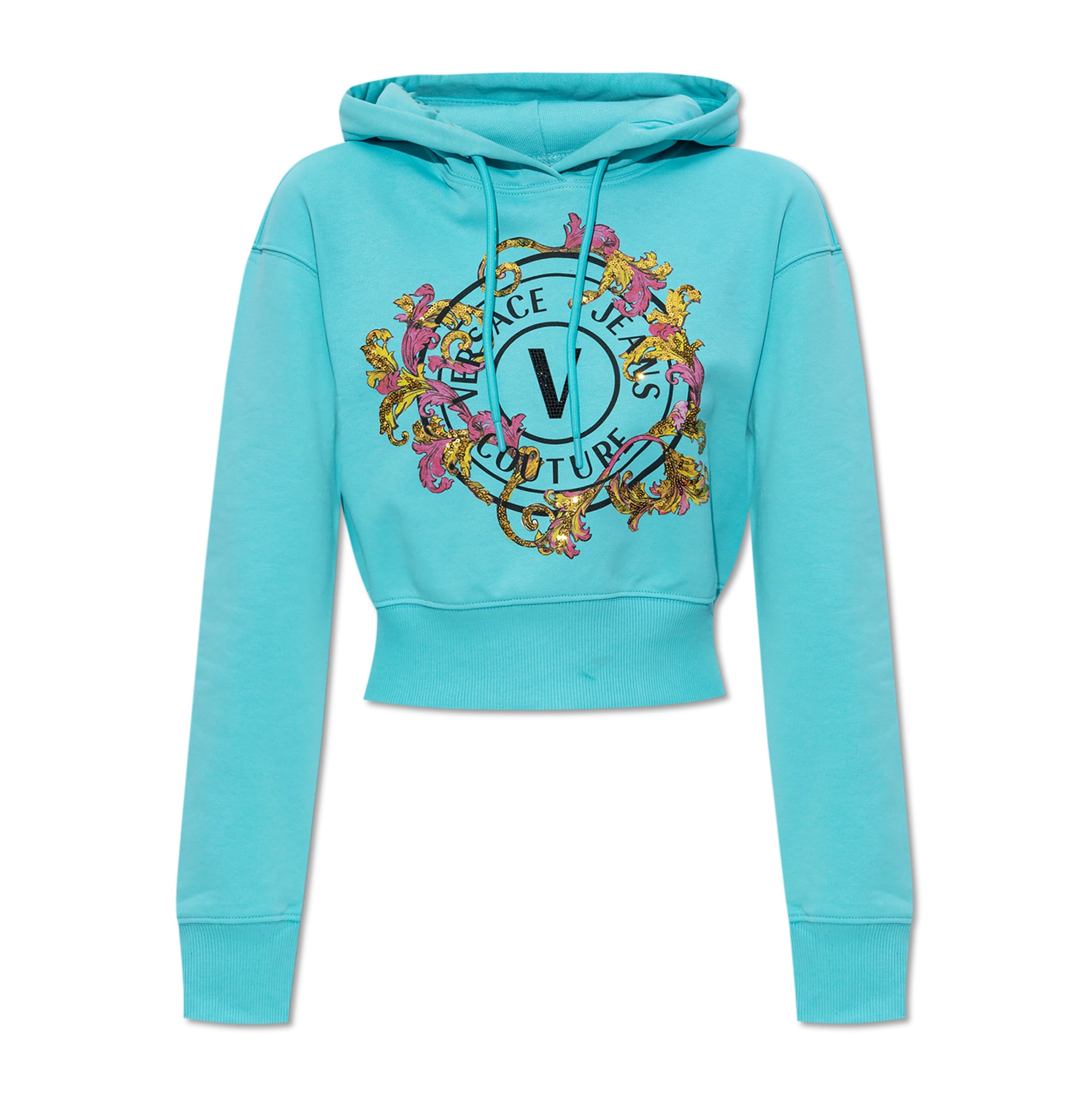 Versace Jeans Couture Blue Sweatshirt with "V" logo print, baroque details, and shimmering sequins, available at Lestyle Boutique.