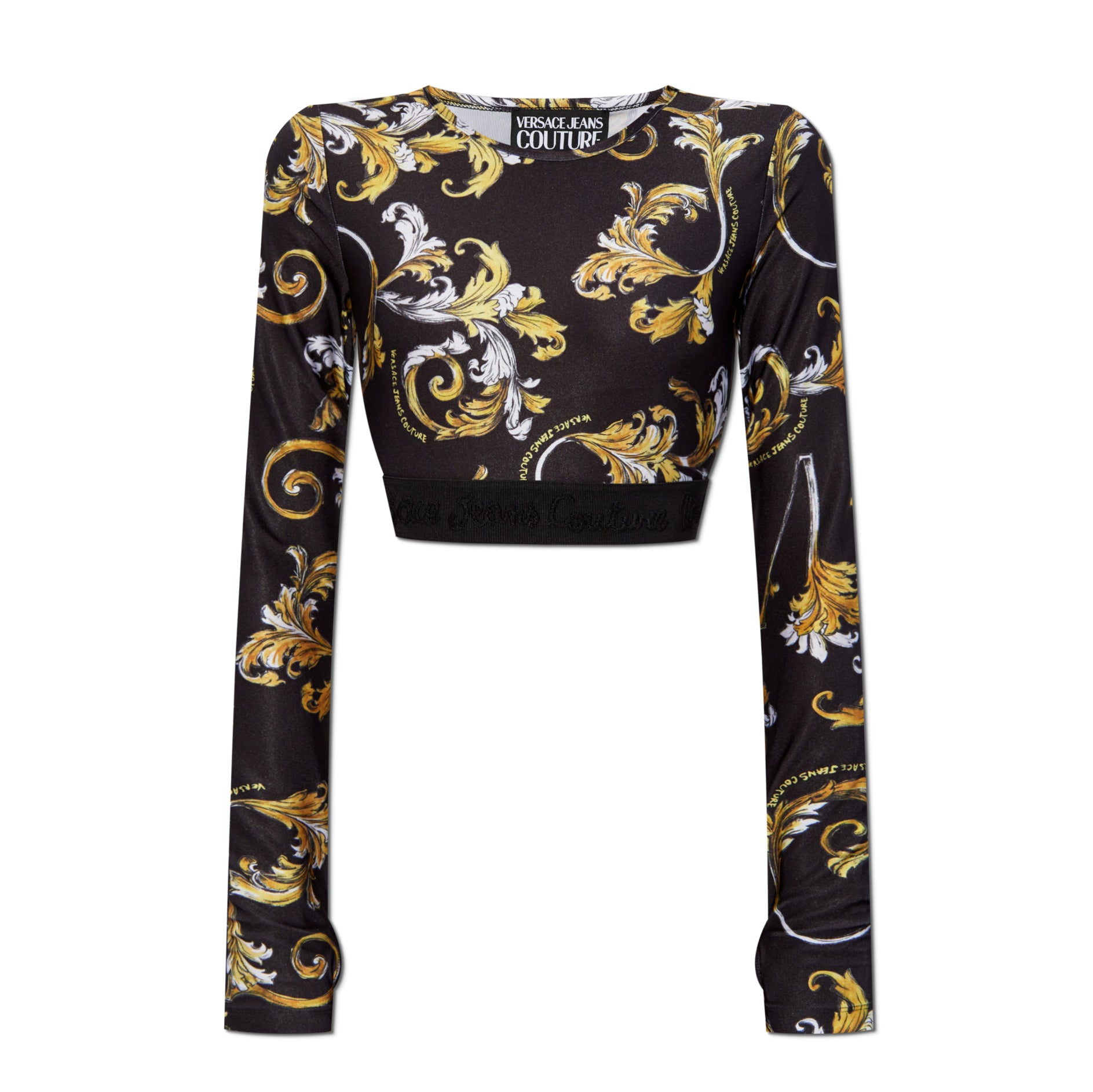 Versace Jeans Couture Black Crop Top with Outline Barocco print, featuring a sophisticated design and modern fit, available at Lestyle Boutique.