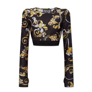 Versace Jeans Couture Black Crop Top with Outline Barocco print, featuring a sophisticated design and modern fit, available at Lestyle Boutique.