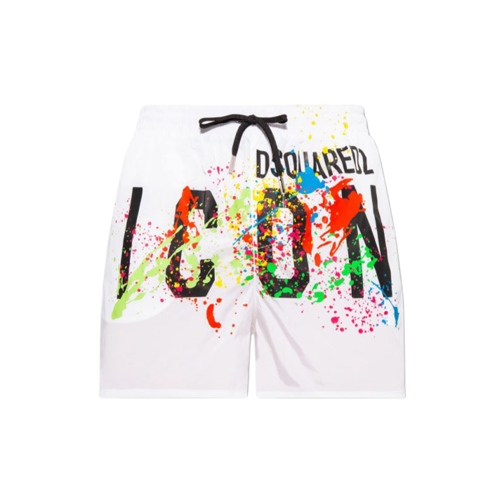 White shorts with colorful graphic design and 'Dsquared2' branding on a white background