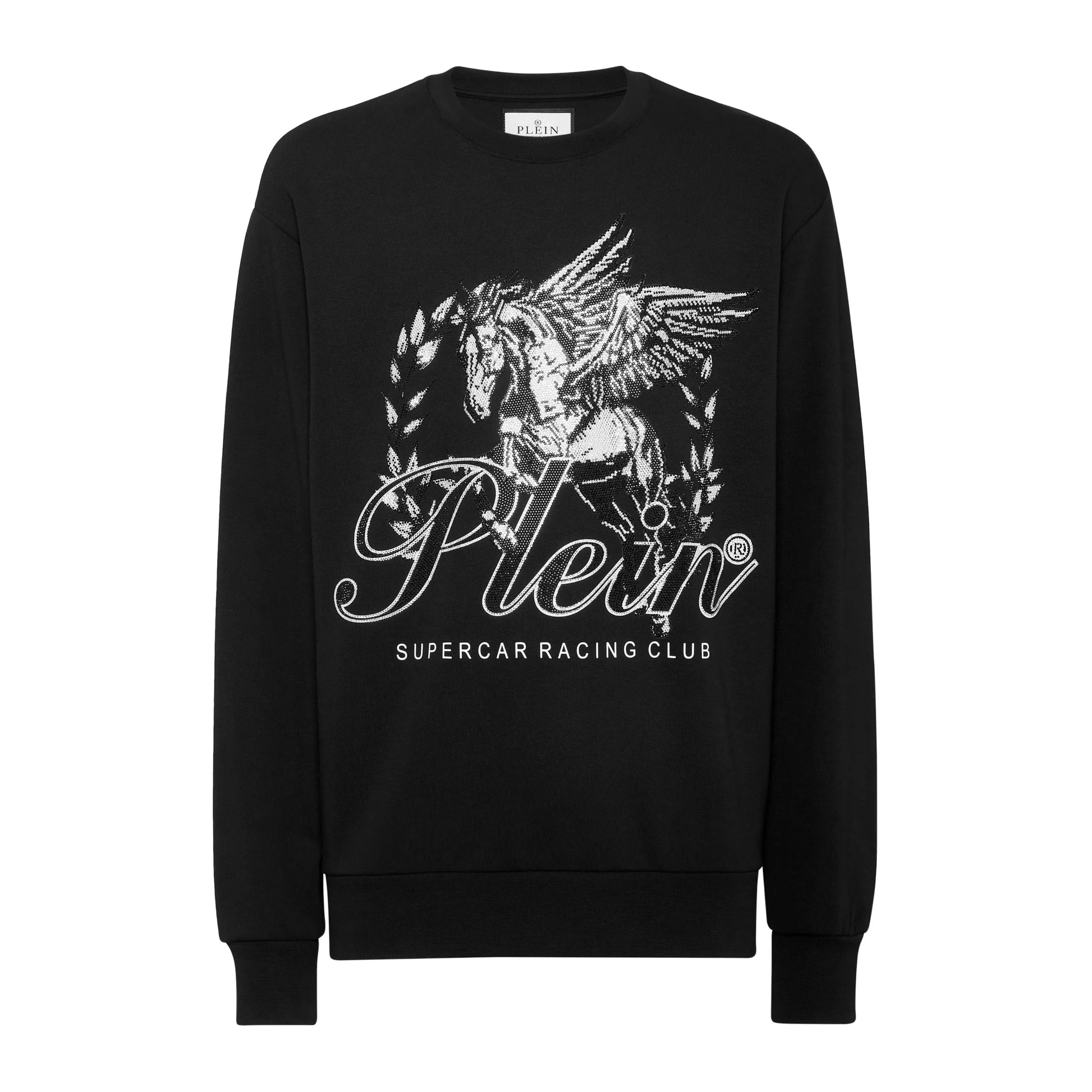 Philipp Plein black and white Supercar Racing Club sweatshirt with a bold front graphic and rhinestone details, designed for a statement look, available at Lestyle Boutique.