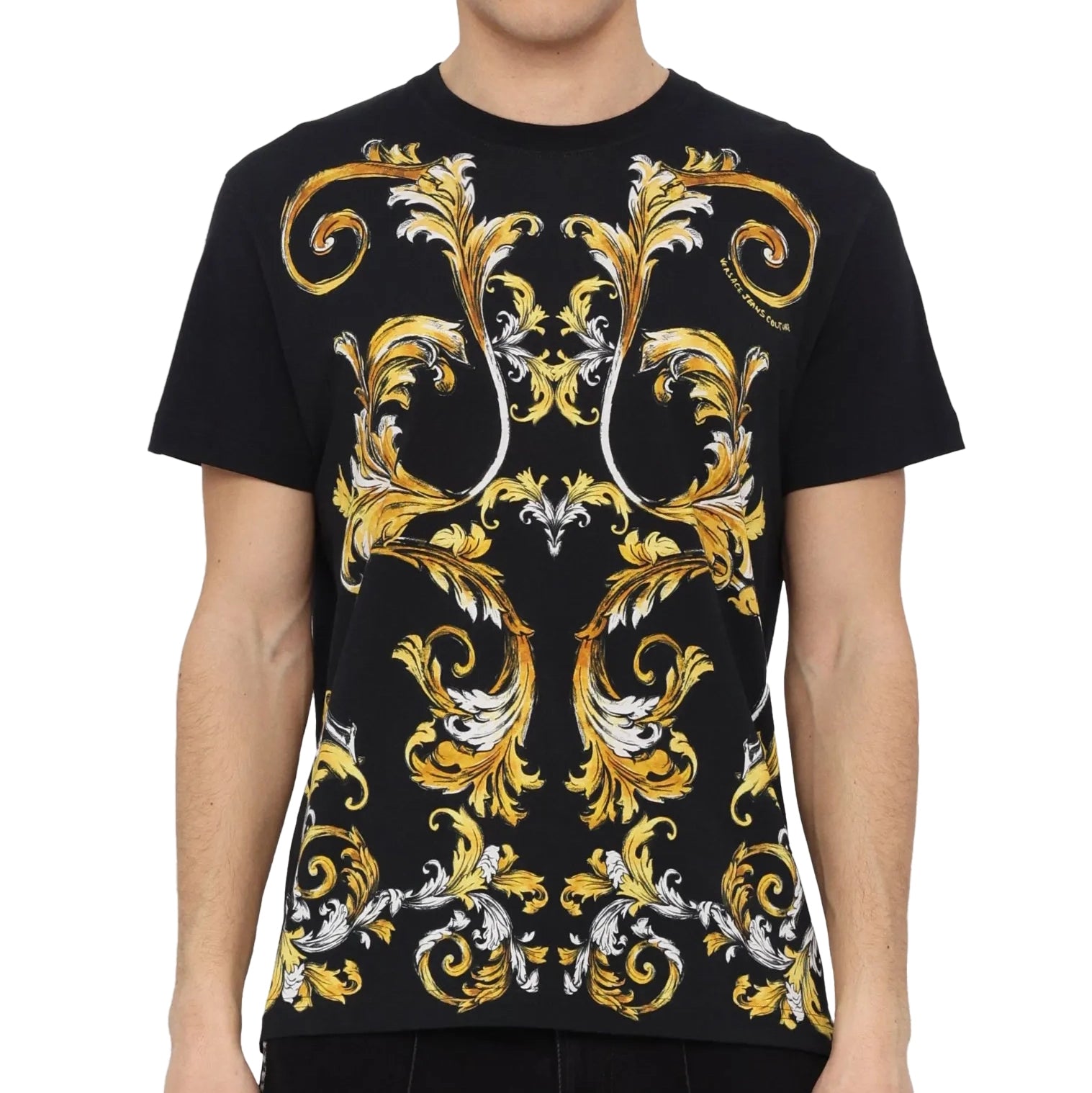 Versace Jeans Couture Barocco Outline T-shirt in black and gold, featuring an intricate baroque print, available at Lestyle Boutique.