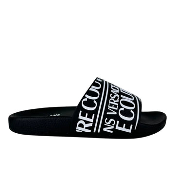 Versace Jeans Couture slides in black with white logo print, designed with a lightweight sole and a wide strap for superior comfort and a stylish look, available at Lestyle Boutique.