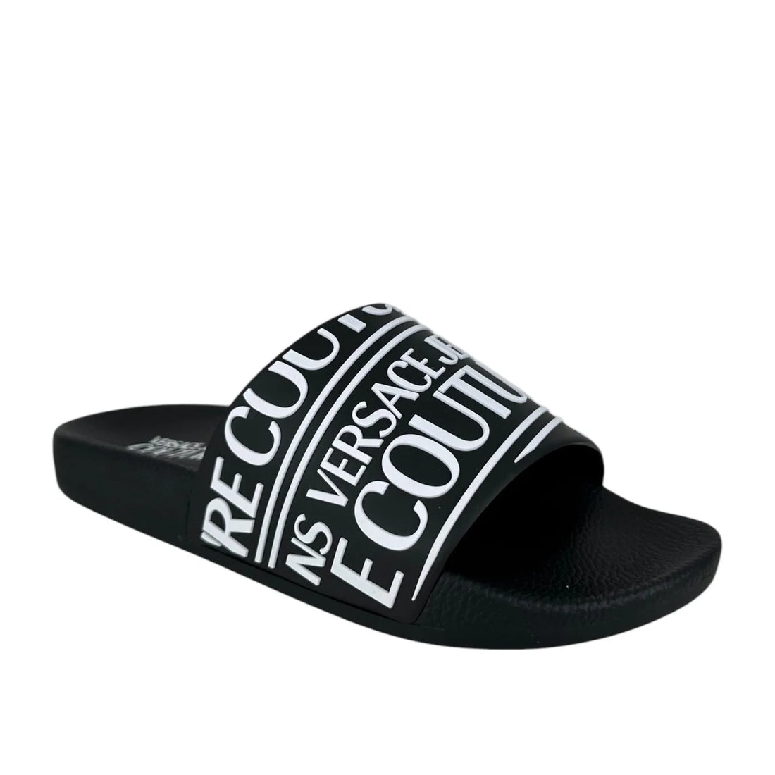 Versace Jeans Couture slides in black with white logo print, designed with a lightweight sole and a wide strap for superior comfort and a stylish look, available at Lestyle Boutique.