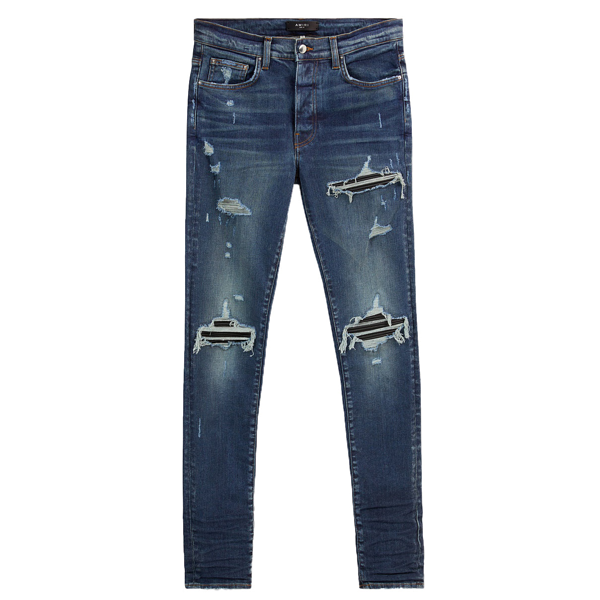 Amiri blue MX1 distressed skinny jeans featuring a unique ripped design and premium denim fabric. These luxury jeans showcase a modern skinny fit with a stylish distressed finish, perfect for a casual yet fashionable look. Ideal for men seeking high-quality designer denim that stands out, available at Lestyle Boutique Melbourne.