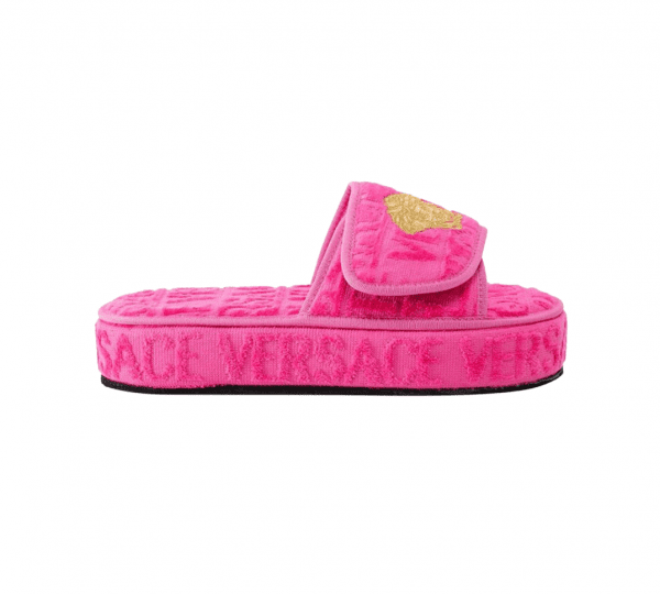 VERSACE SLIPPERS featuring embossed logo platform pink available at Lestyle Boutique Melbourne