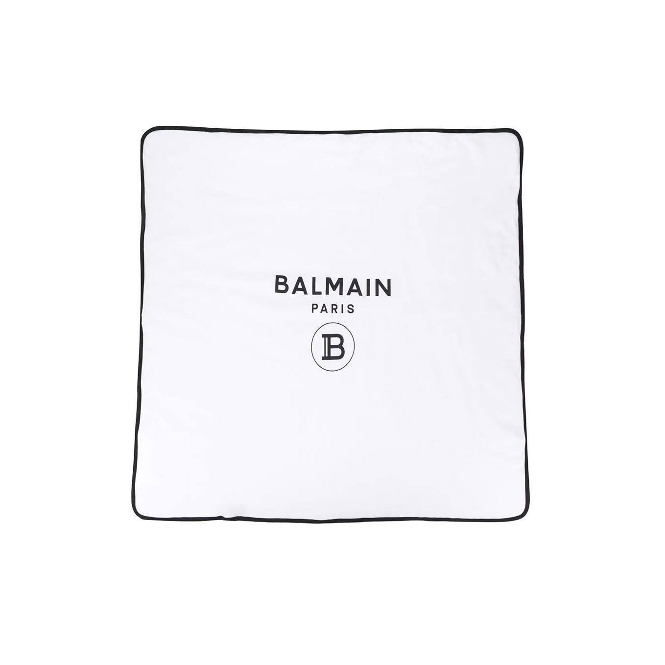 Balmain Kids white cotton blanket featuring a stylish logo print design. This premium piece showcases a square shape with a padded interior, perfect for keeping your little ones cozy. The high-quality cotton material ensures softness and durability, making it an ideal choice for both playtime and nap time. Perfect for stylish nurseries or as a thoughtful gift, available at Lestyle Boutique Melbourne.