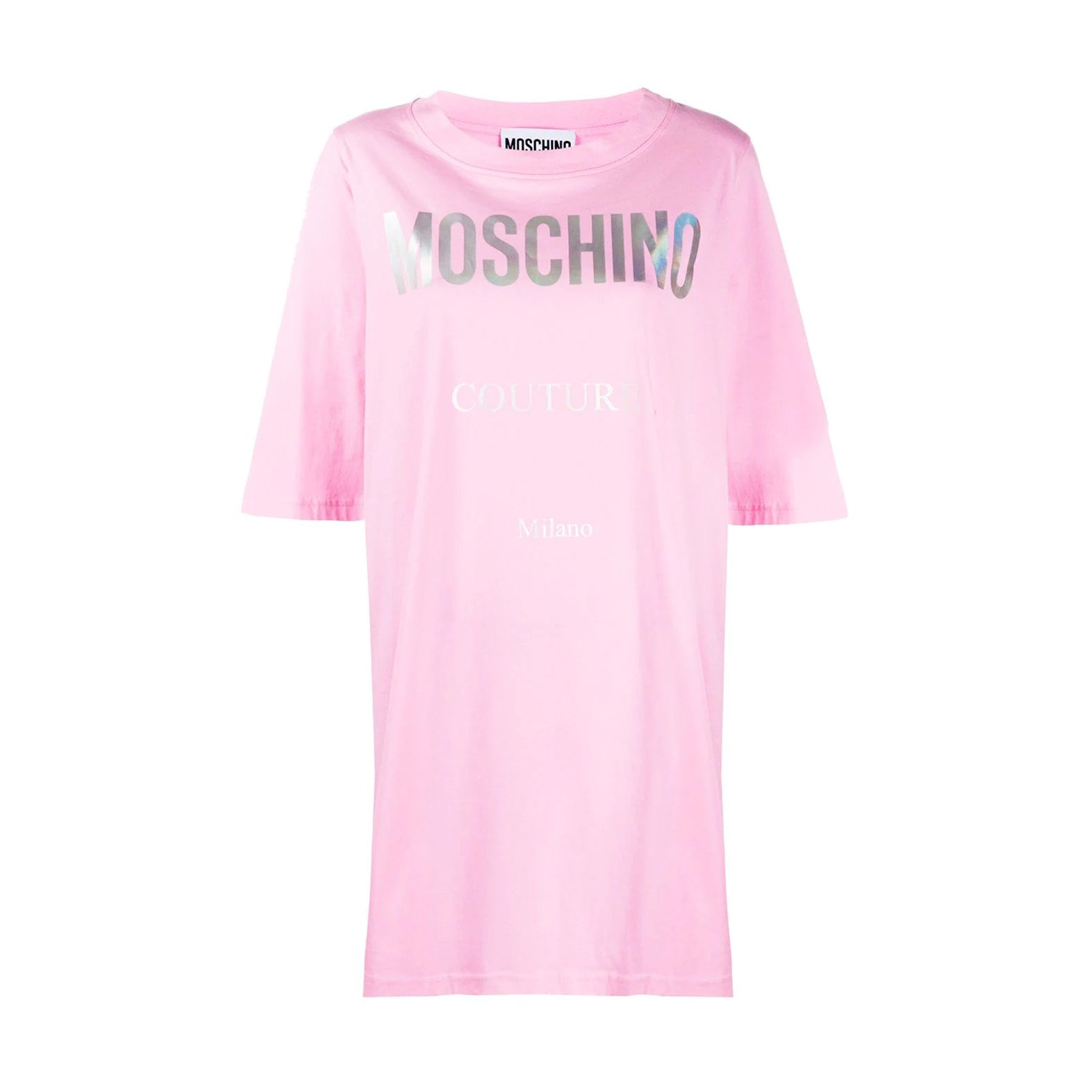 Moschino Kids black t-shirt dress featuring a crew neck, short sleeves, and a large Moschino Teddy Bear print with safety pin details and textured logo on the chest, available at Lestyle Boutique 136 Little Collins St.