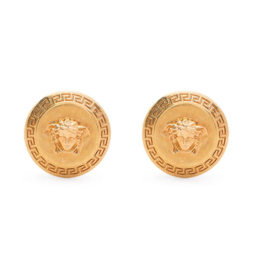 Versace Tribute Medusa Stud Earrings in gold-tone metal, featuring signature Greca detailing and the Medusa Head motif, a timeless statement piece available at Lestyle Boutique.