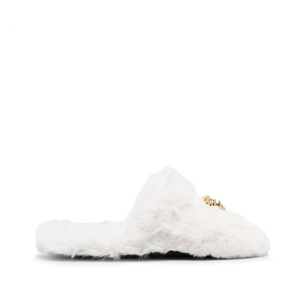 Versace Slippers featuring plush white fur with a gold Medusa emblem available at Lestyle Boutique Melbourne