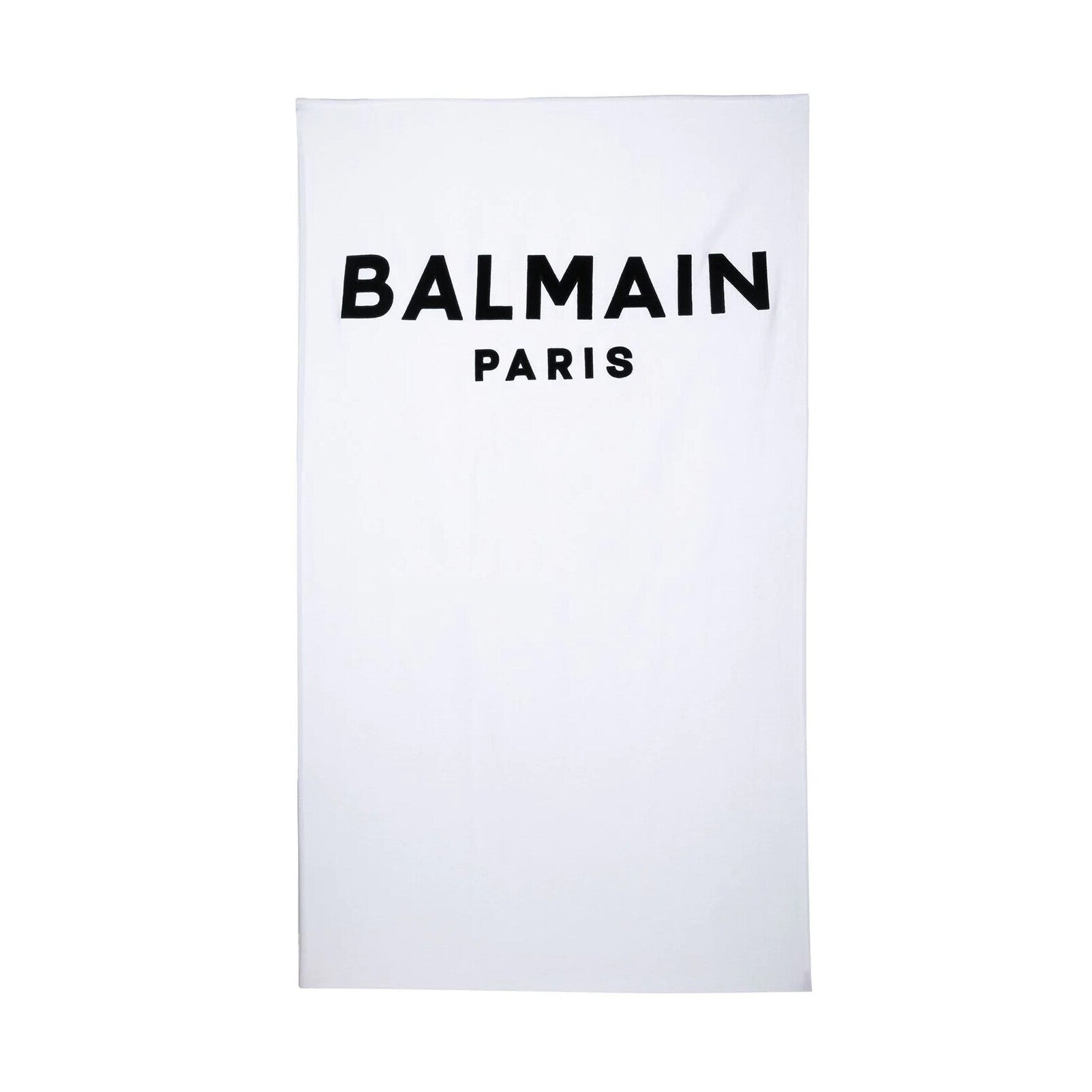 Luxury Balmain white cotton bath towel featuring the iconic logo print in bold black. This premium designer piece showcases a plush, soft texture ideal for comfort and style. Perfect for elevating your bathroom decor or as a chic accessory for the beach, available at Lestyle Boutique Melbourne.