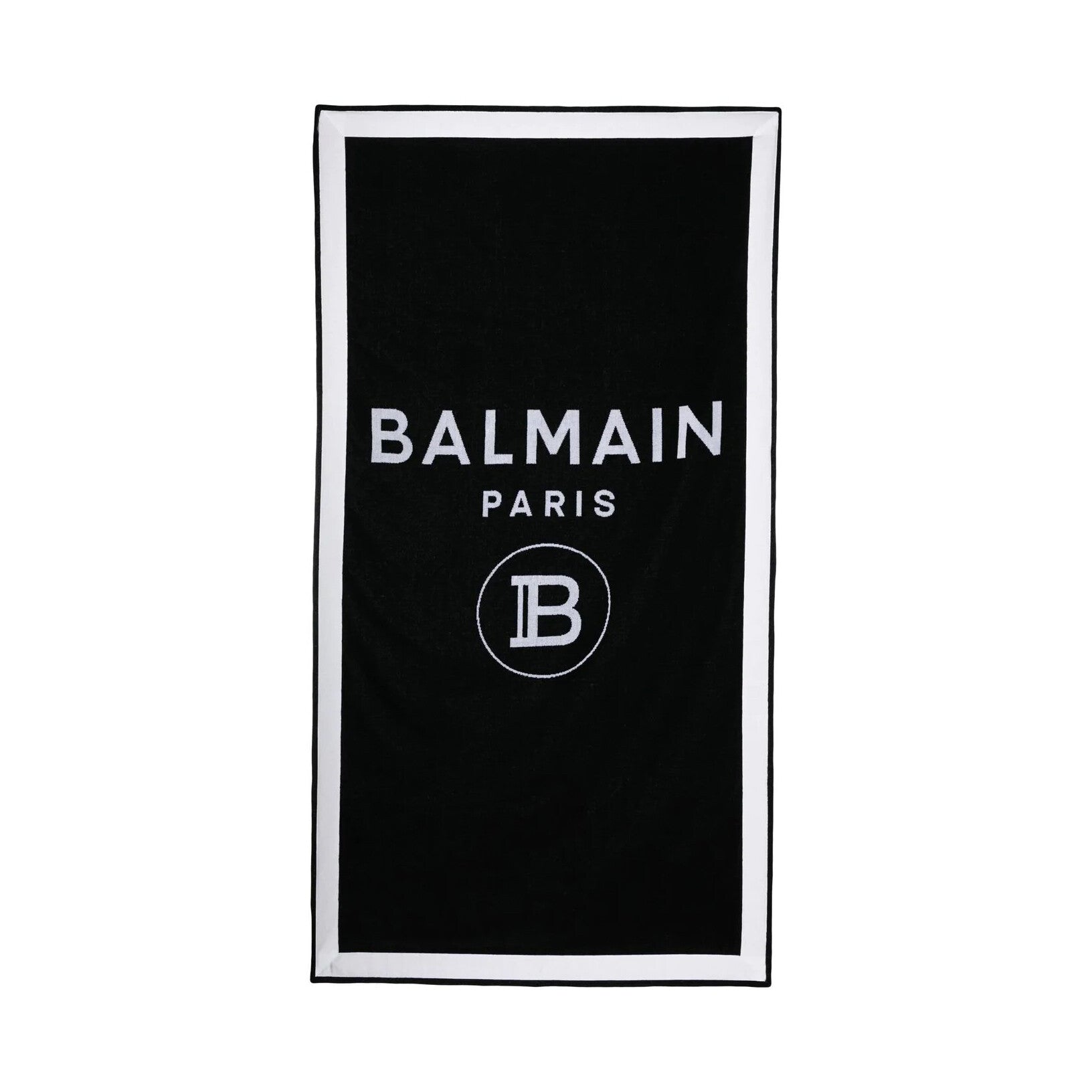 Luxury Balmain black and white cotton beach towel featuring the iconic logo design. This premium accessory is perfect for beach outings or poolside relaxation, showcasing a stylish and contemporary aesthetic. The high-quality cotton ensures durability and comfort, making it an essential addition to your summer essentials. Ideal for those who appreciate designer craftsmanship and chic style, available at Lestyle Boutique Melbourne.