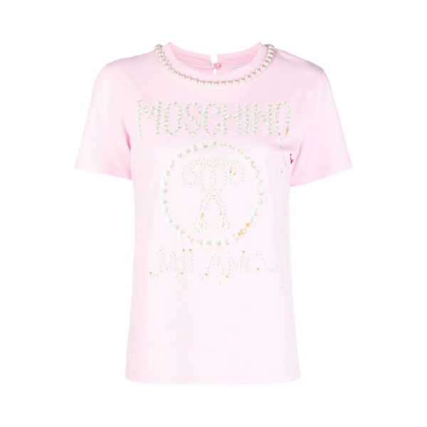 Moschino logo-print pearl-embellished t-shirt available at Lestyle Boutique Melbourne