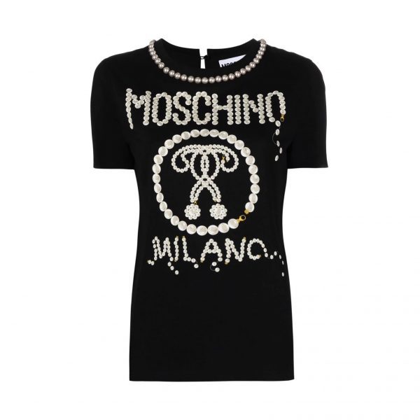 Moschino logo-print pearl-embellished t-shirt available at Lestyle Boutique Melbourne