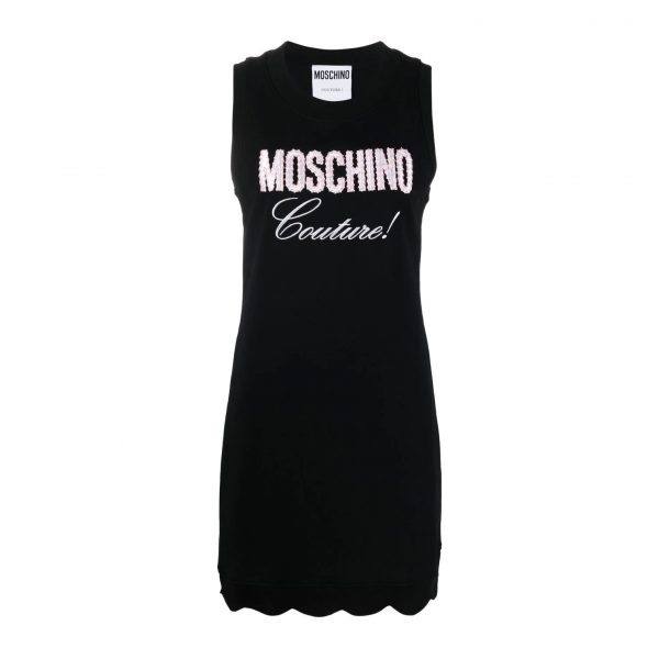 Moschino dress with embroidered logo, sleeveless design, and scallop edge available at Lestyle Boutique Melbourne