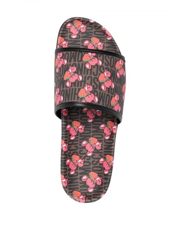 Moschino slides with logo print, perfect for casual wear, available at Lestyle Boutique Melbourne