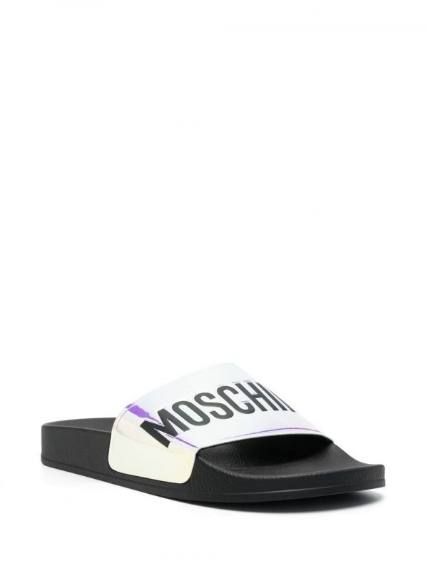 Moschino slides with iridescent logo strap, perfect for casual wear, available at Lestyle Boutique Melbourne