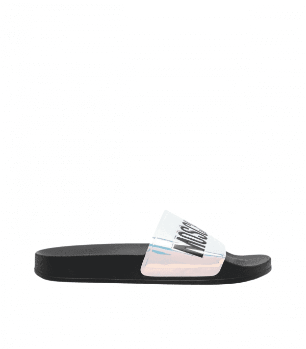 Moschino slides with iridescent logo strap, perfect for casual wear, available at Lestyle Boutique Melbourne