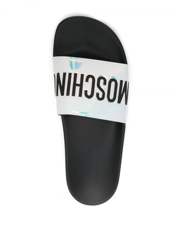 Moschino slides with iridescent logo strap, perfect for casual wear, available at Lestyle Boutique Melbourne