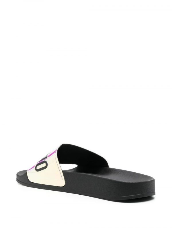 Moschino slides with iridescent logo strap, perfect for casual wear, available at Lestyle Boutique Melbourne