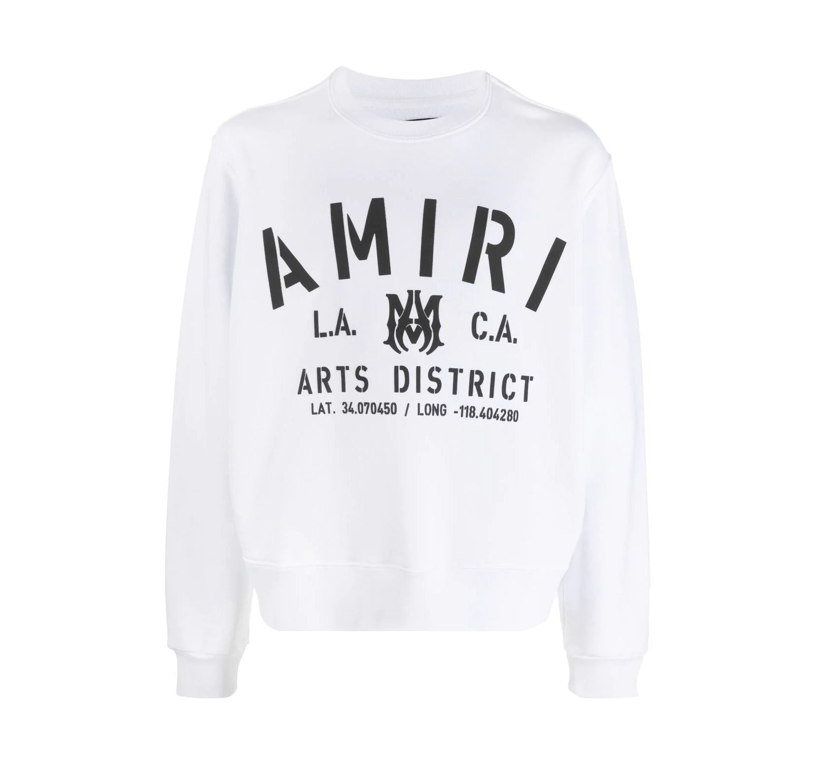 Luxury AMIRI white sweatshirt featuring a bold black logo print across the chest. This designer piece showcases a classic crew neck design with a straight hem for a relaxed fit. Crafted from high-quality materials, it offers both comfort and style, making it perfect for casual outings or lounging. Ideal for fashion-forward individuals seeking premium streetwear, available at Lestyle Boutique Melbourne.