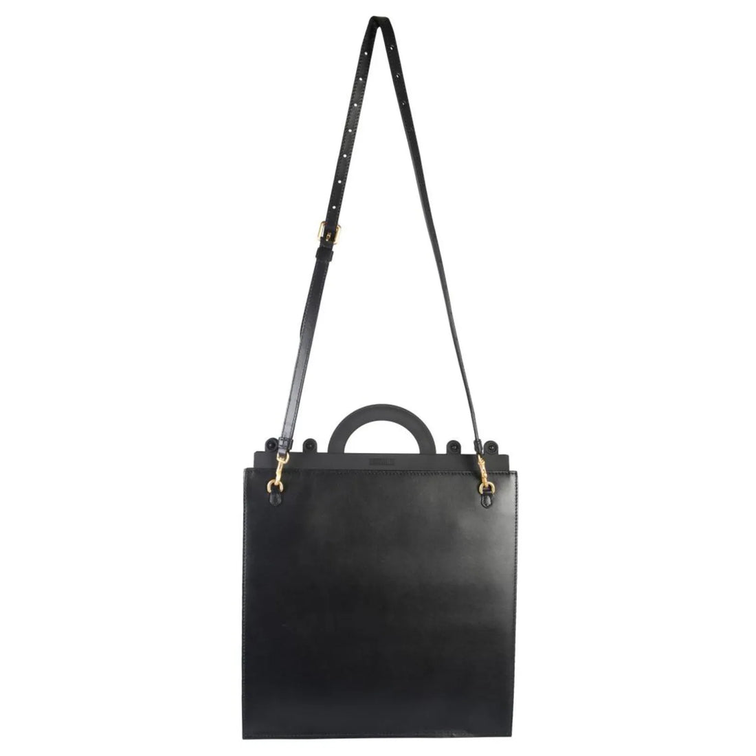 Moschino black leather square tote bag featuring a large gold Double Question Mark logo print, top handles, and a detachable shoulder strap, Made in Italy, available at Lestyle Boutique 136 Little Collins St.