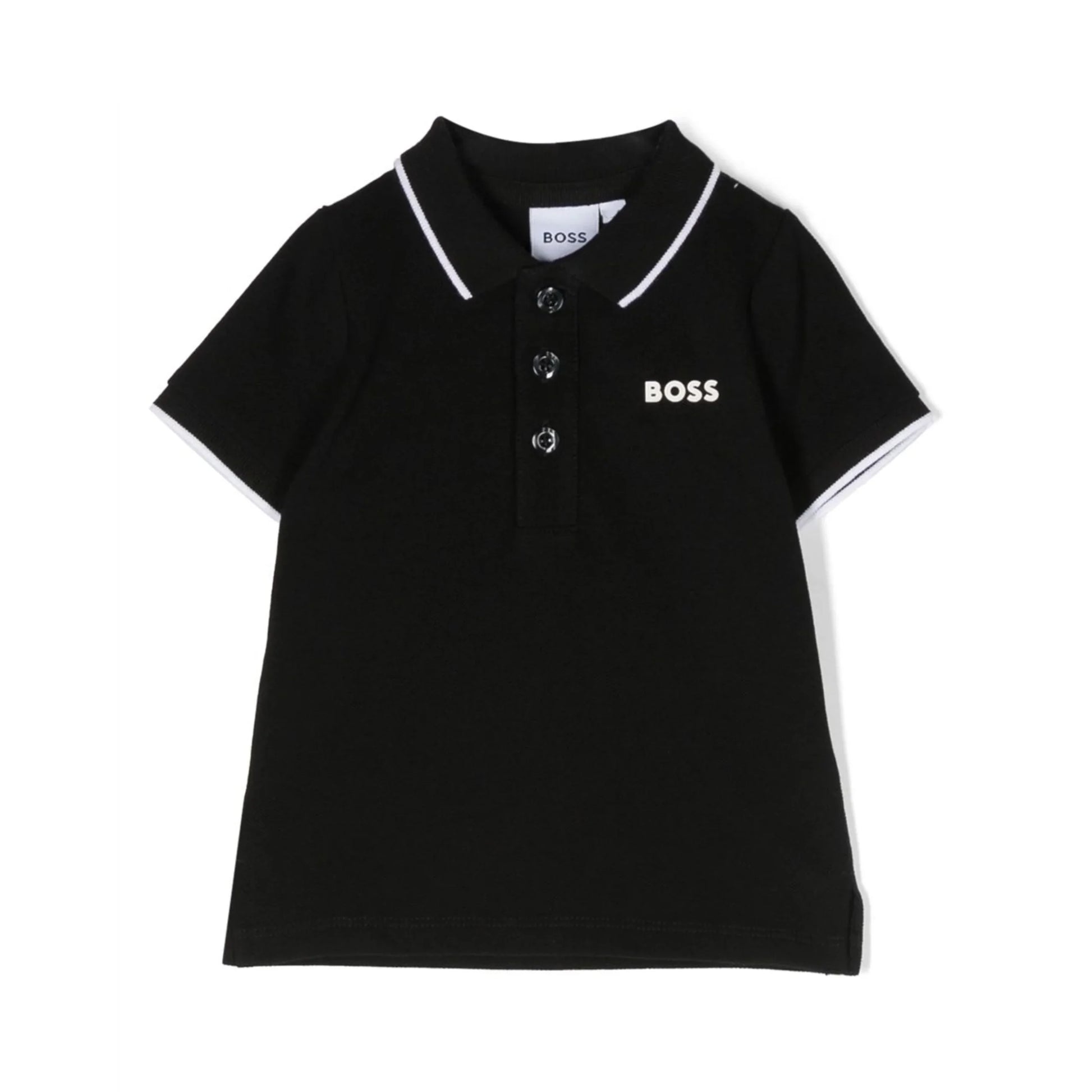 BOSS Kidswear cotton polo shirt in black, featuring a chest logo and striped collar, available at Lestyle Boutique.