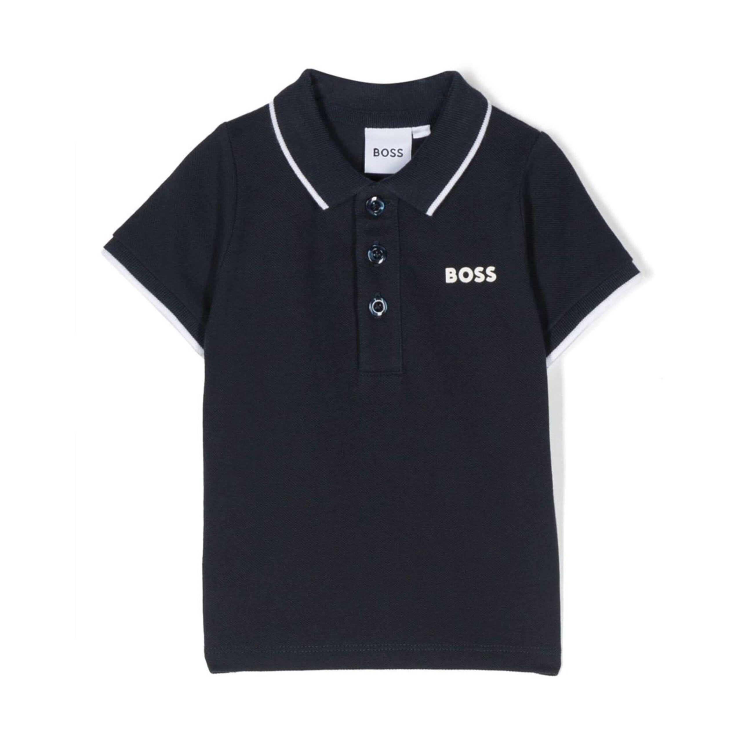 BOSS Kidswear piqué polo shirt in navy blue, with a logo print and contrasting collar, available at Lestyle Boutique.