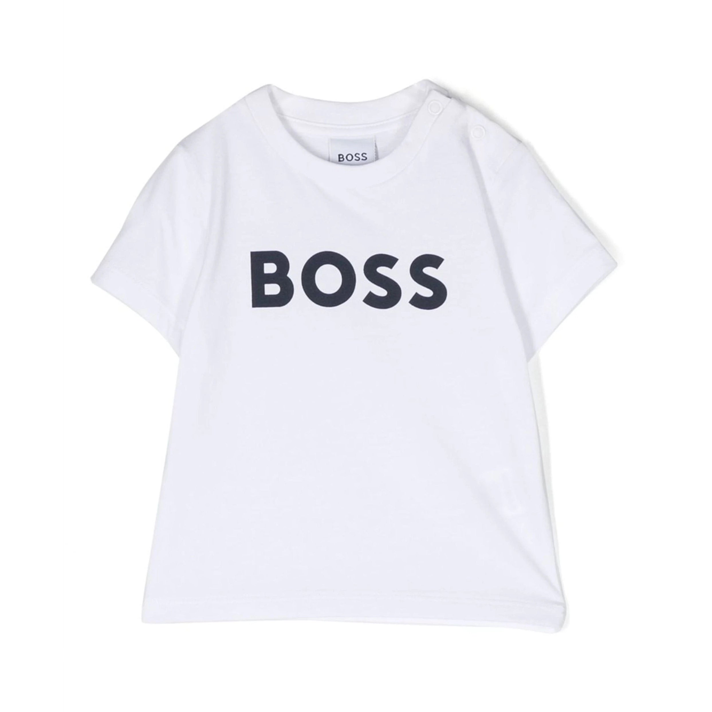 BOSS Kidswear logo-print T-shirt in white, showcasing a bold black logo, available at Lestyle Boutique.