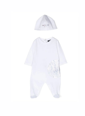 Luxurious Balmain kids white logo-print babygrow set crafted from premium cotton. This stylish outfit features a comfortable crew neck and long sleeves, perfect for your little one. The eye-catching logo print adds a designer touch, making it ideal for special occasions or everyday wear. Designed for infants, this set ensures both style and comfort, available at Lestyle Boutique Melbourne.