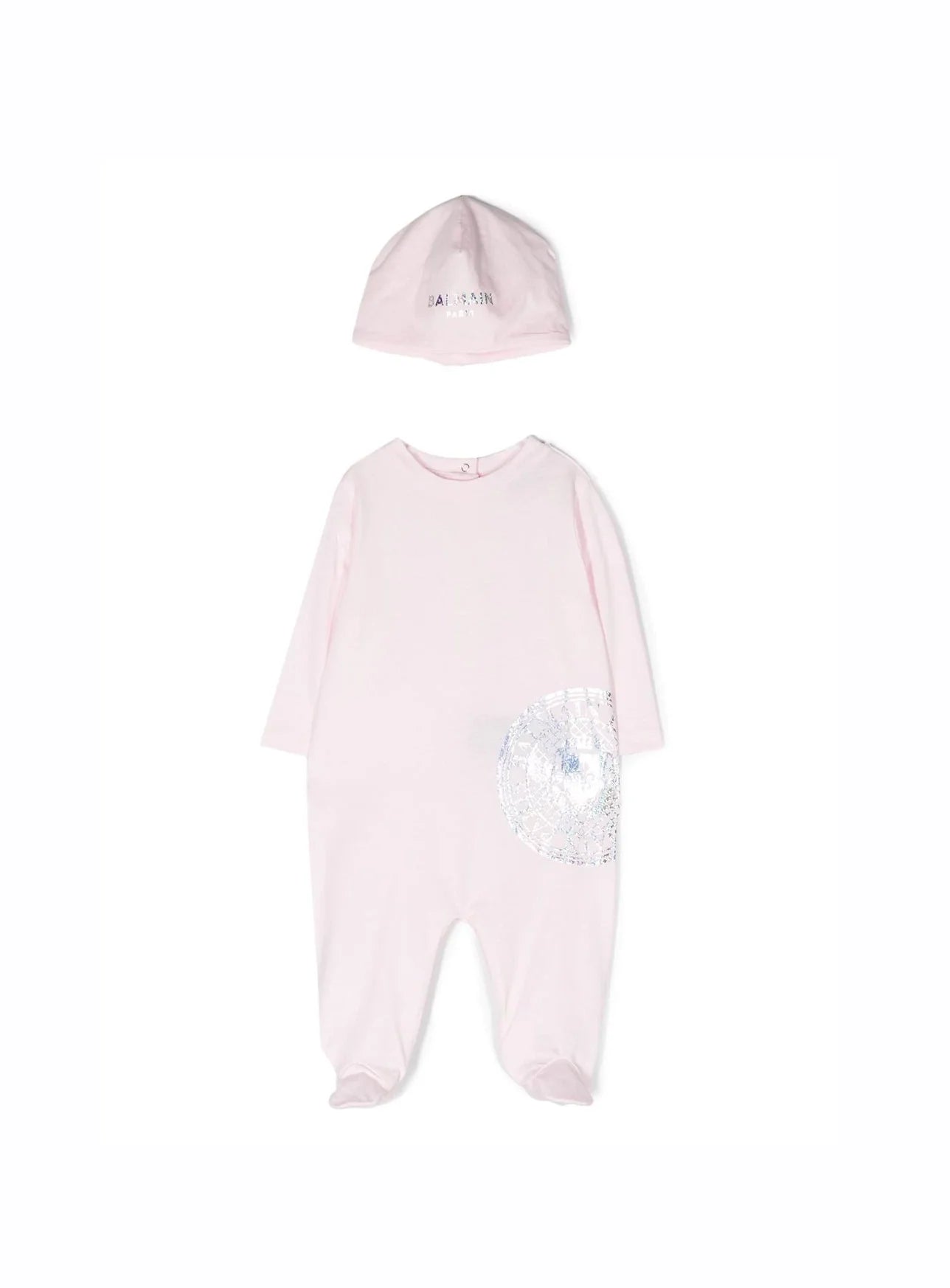 Luxury Balmain Kids logo-print babygrow set in soft pink cotton, featuring a stylish crew neck and long sleeves. This premium designer outfit is perfect for your little one, combining comfort and elegance with its playful logo print detail. Ideal for casual outings or special occasions, this set ensures your child looks fashionable while feeling cozy. Available at Lestyle Boutique Melbourne.