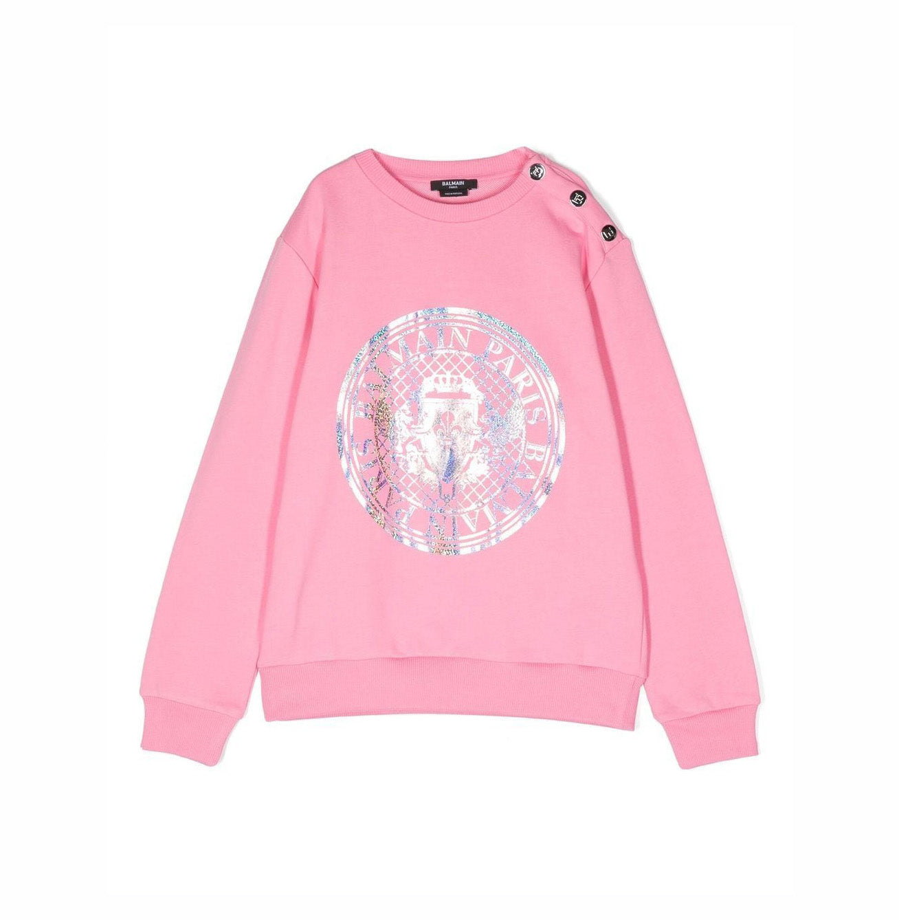 Balmain kids sweatshirt in a vibrant pink hue, featuring a striking logo print on the front. This stylish piece is designed with long sleeves and a comfortable straight hem, perfect for active young ones. The premium quality fabric ensures durability and comfort, making it ideal for everyday wear or special occasions. With button fastening at the shoulder for easy dressing, this luxury designer item is a must-have for fashion-forward kids, available at Lestyle Boutique Melbourne.